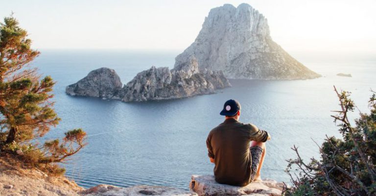 Adventure - Rear View of Man Sitting on Rock by Sea