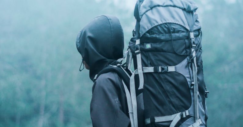 Adventure - Man Wearing Black Hoodie Carries Black and Gray Backpacker Near Trees during Foggy Weather